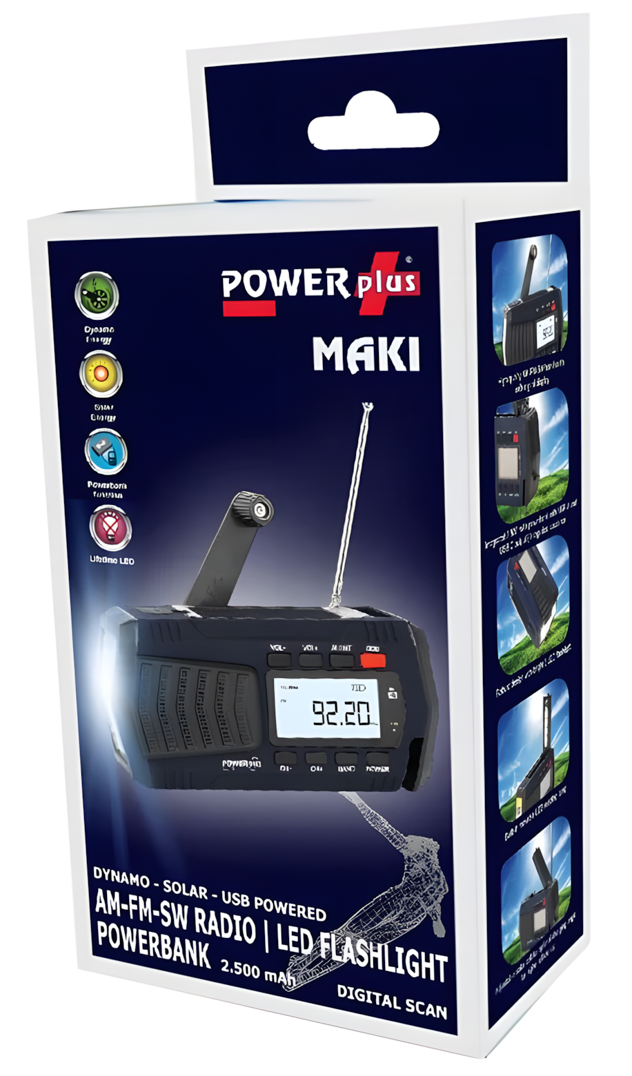 Power+ Maki Dynamo-Solarradio mit LED-Taschenlampe und Powerbank-Funktionen, ideal für Outdoor-Enthusiasten.